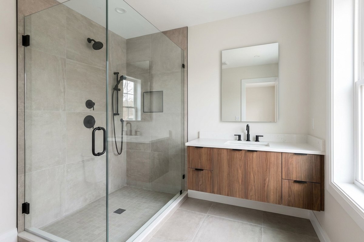 Bellingham bathroom after remodel with tiled walk-in shower and floating vanity