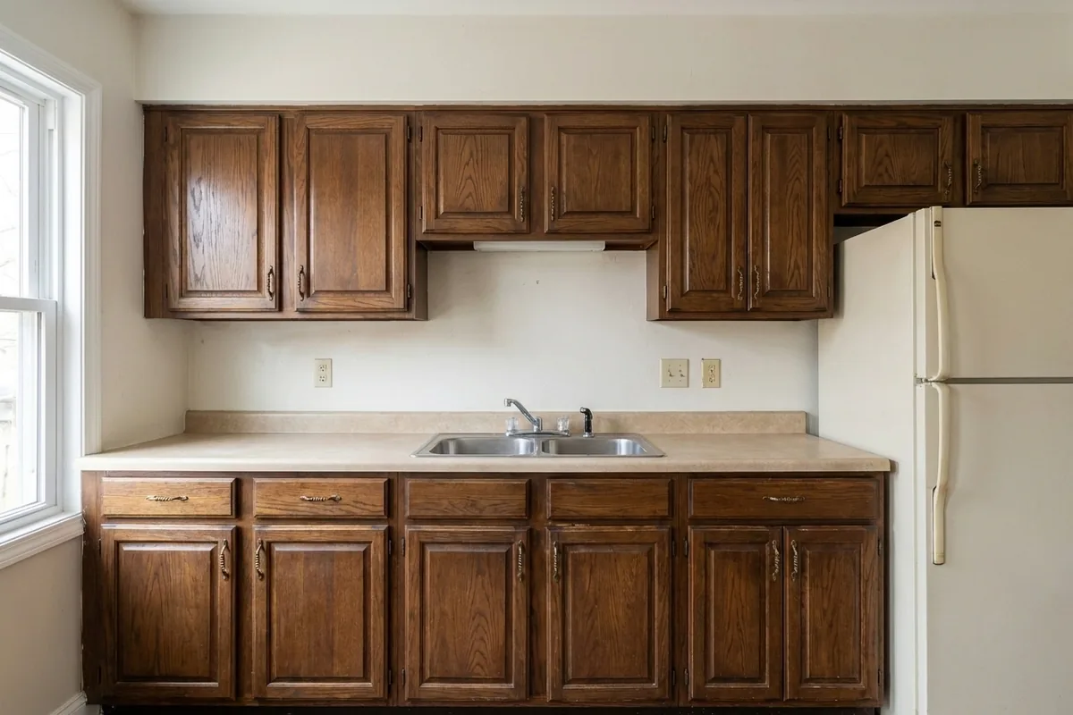 Builder-grade kitchen cabinets before update