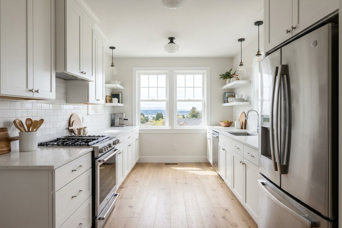 Opened-up Bellingham kitchen after remodel with quartz counters and island