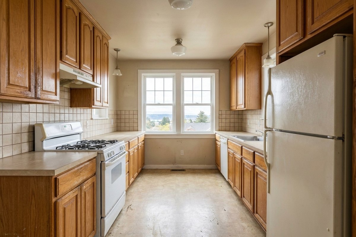 Dated Bellingham galley kitchen before remodel