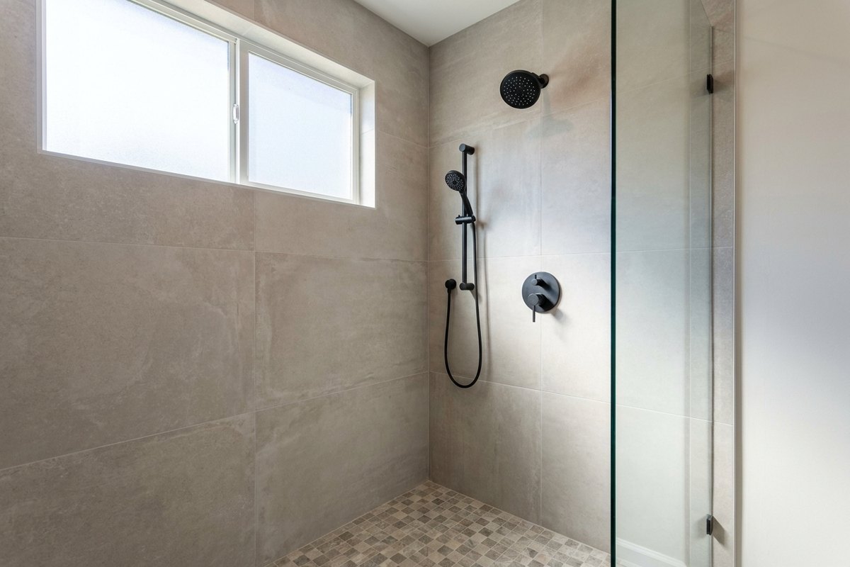 Curbless tiled walk-in shower after tub-to-shower conversion